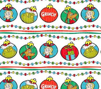 Grinch Christmas Ornament Pattern with Cindy Lou Who Max the Dog and Holiday Gift Balls Repeating Row Design
