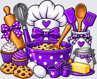 Baking Love Purple Polka Dot Bowl Chef Hat Whisk Rolling Pin Cupcakes Chocolate Chip Cookies Butter Eggs Kitchen Utensils Bundle