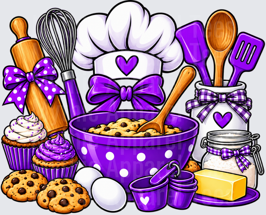 Baking Love Purple Polka Dot Bowl Chef Hat Whisk Rolling Pin Cupcakes Chocolate Chip Cookies Butter Eggs Kitchen Utensils Bundle
