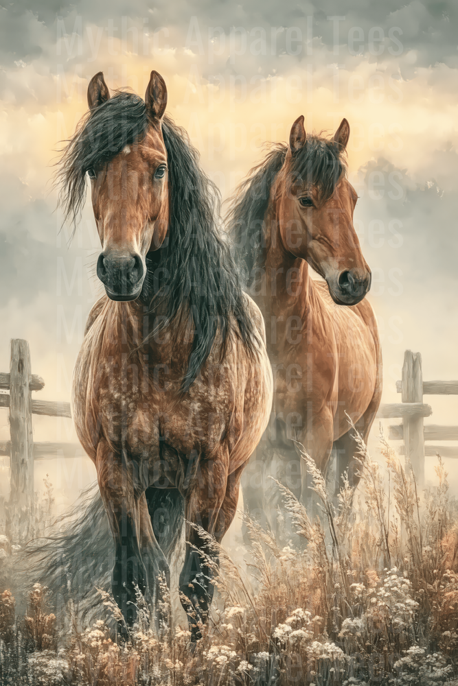 Two Majestic Bay Horses Standing in Misty Wildflower Field with Rustic Wooden Fence