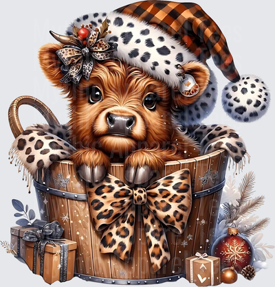 Highland Christmas Cow in Leopard Print Buffalo Plaid Santa Hat Wooden Barrel