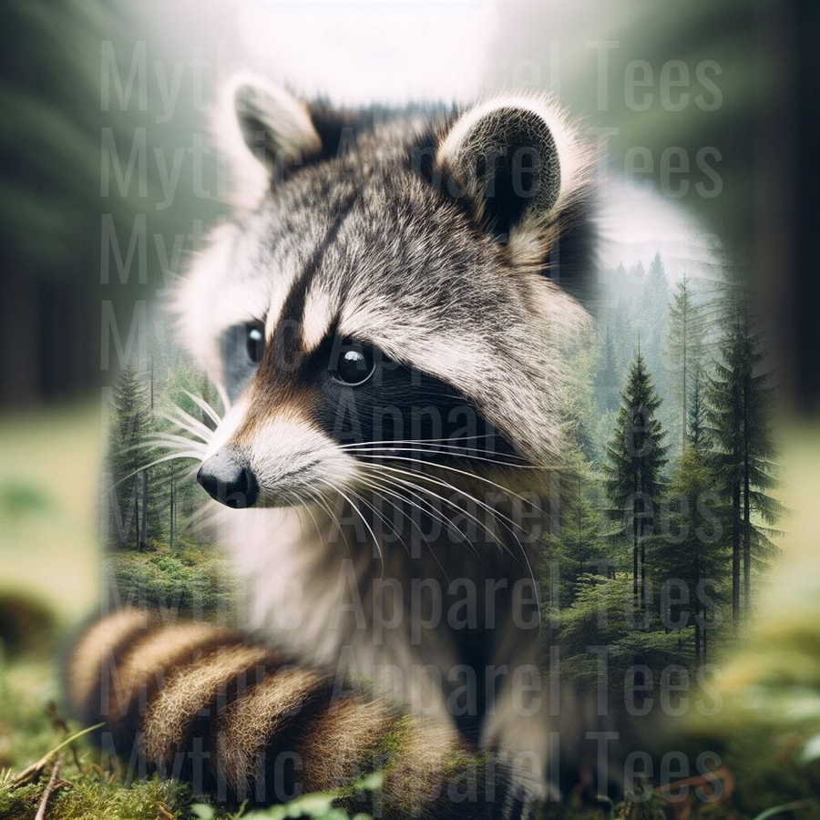Realistic Raccoon Double Exposure with Misty Pine Forest Nature Portrait