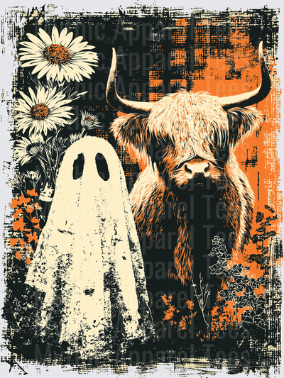 Distressed Halloween Highland Cow and Ghost with Daisies Vintage Grunge Design