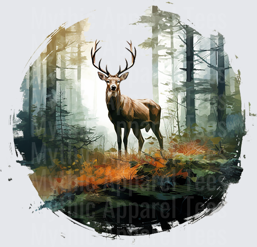 Majestic Buck Standing in Misty Autumn Forest Watercolor Circle