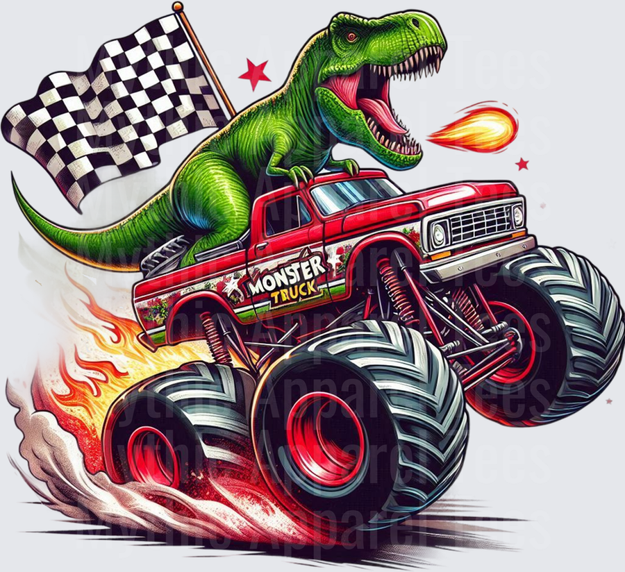 Fire Breathing T-Rex Riding Flaming Red Monster Truck with Checkered Flag