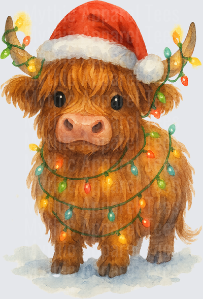 Highland Christmas Cow Santa Hat Colorful Lights Watercolor