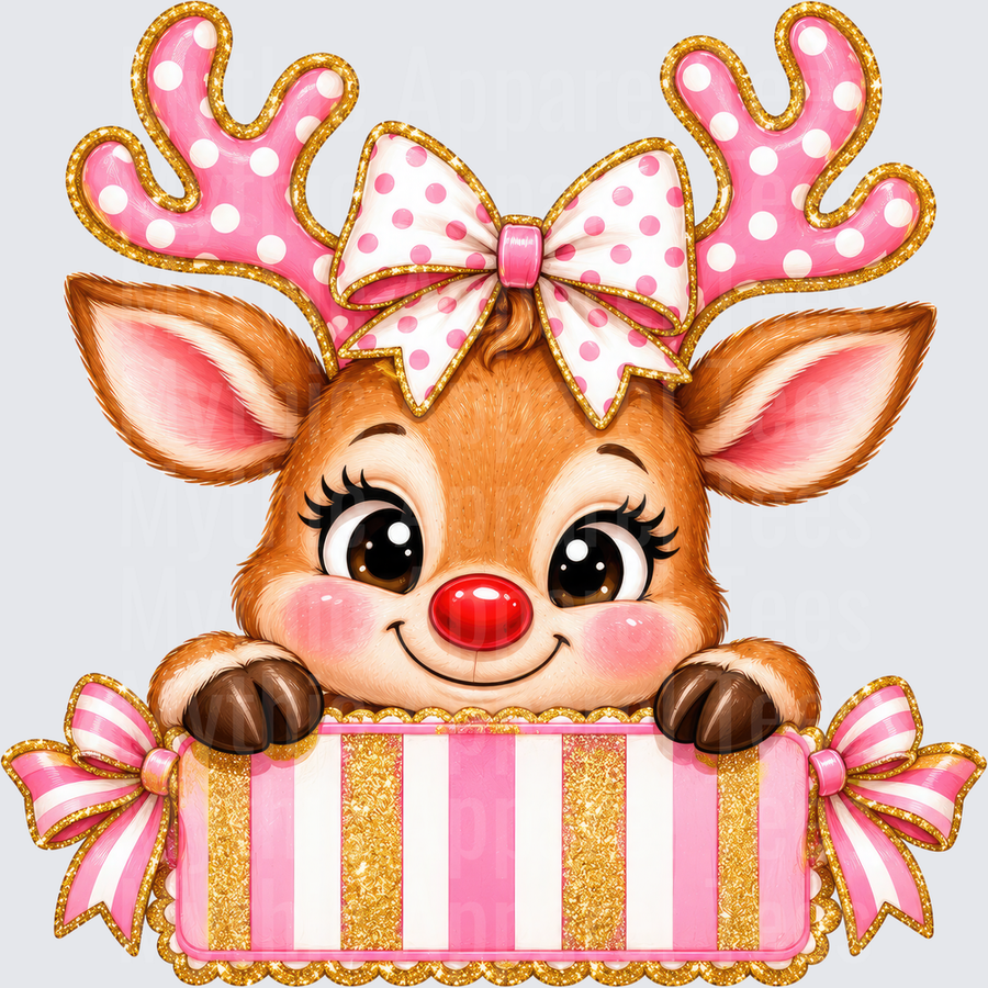 Cute Girl Rudolph Red Nosed Reindeer Pink Polka Dot Bow Gold Glitter Antlers Blank Name Banner Sign