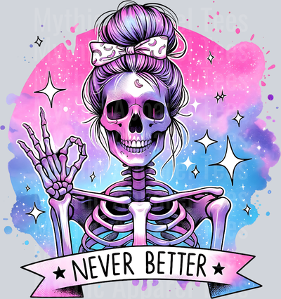 Never better pastel pink and blue background skull girl DTF Skull Transfers