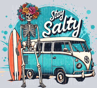 Stay salty vw beach van with surf board skull DTF Skull Transfers