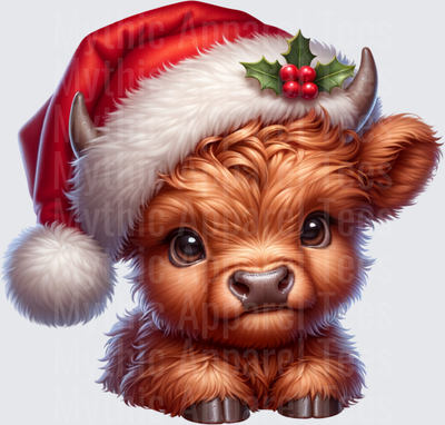 Highland Christmas Cow Baby Calf Santa Hat Holly Berries