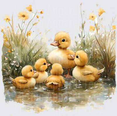 Farm Life and Farm Animals Fluffy Ducklings Playing in Pond Watercolor