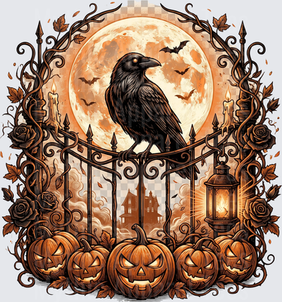 Gothic Halloween Raven Perched on Iron Gate Full Moon Jack-o-Lanterns Haunted Mansion Bats Candles Dark Roses Autumn Leaves