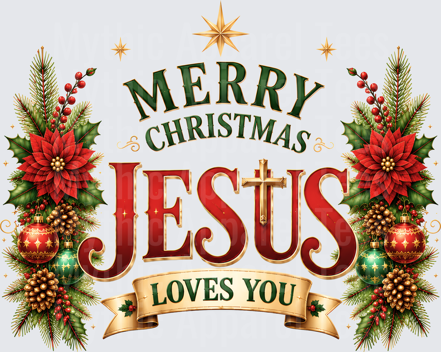 Merry Christmas Jesus Loves You Christian Holiday Design with Poinsettias Pine Cones Holly and Gold Star