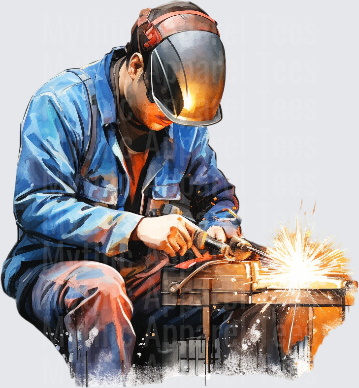 Watercolor Welder With Sparks Flying Wearing Safety Helmet and Blue Work Jumpsuit