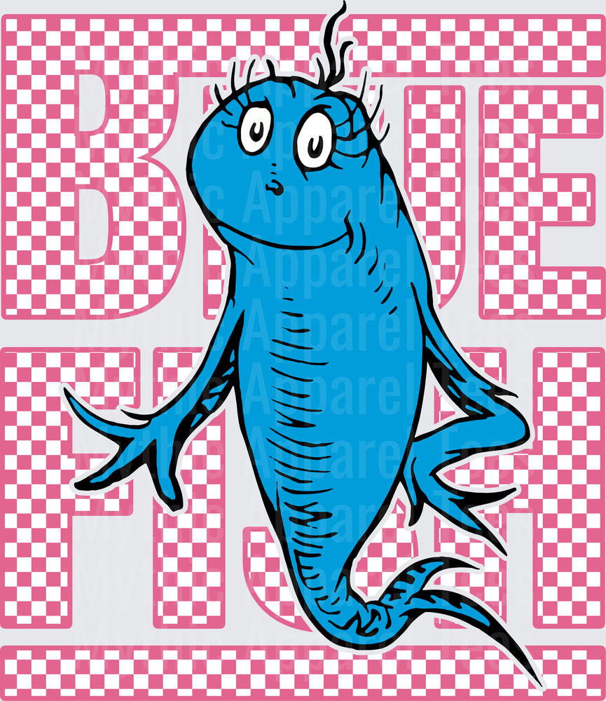 DR Seuss Blue Fish Checkered Pink Text Retro Design