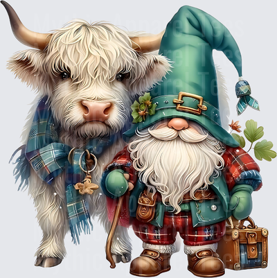 Highland Christmas Cow Gnome with Plaid Scarf and Suitcase