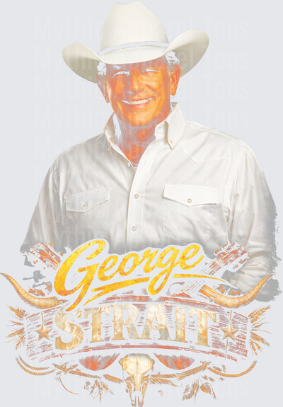 George Strait Smiling Portrait White Cowboy Hat Longhorn Skull Western Banner Vintage Graphic