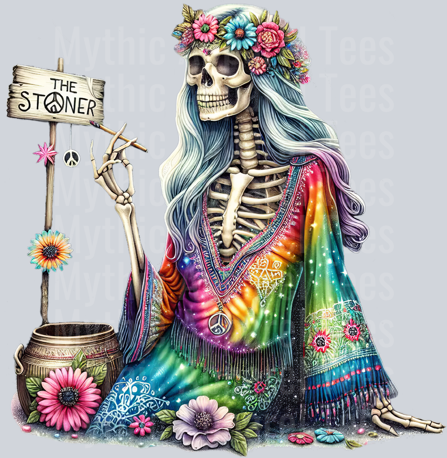 The Stoner Hippie with rainbow shirt Skelly Girl DTF Skull Transfers