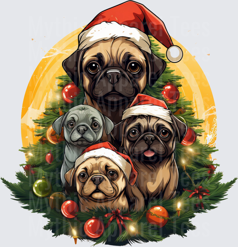Four Pugs in Santa Hats Surrounded by Christmas Tree Ornaments and Lights Holiday Design