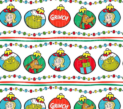 Grinch Christmas Ornament Pattern with Cindy Lou Who Max the Dog and Holiday Gift Balls Repeating Row Design