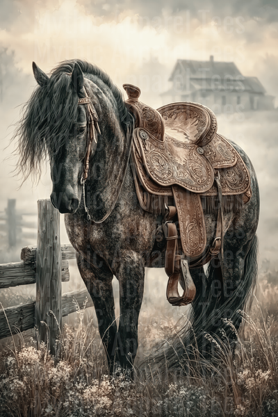 Dapple Gray Horse with Ornate Western Tooled Leather Saddle by Rustic Fence and Misty Farmhouse