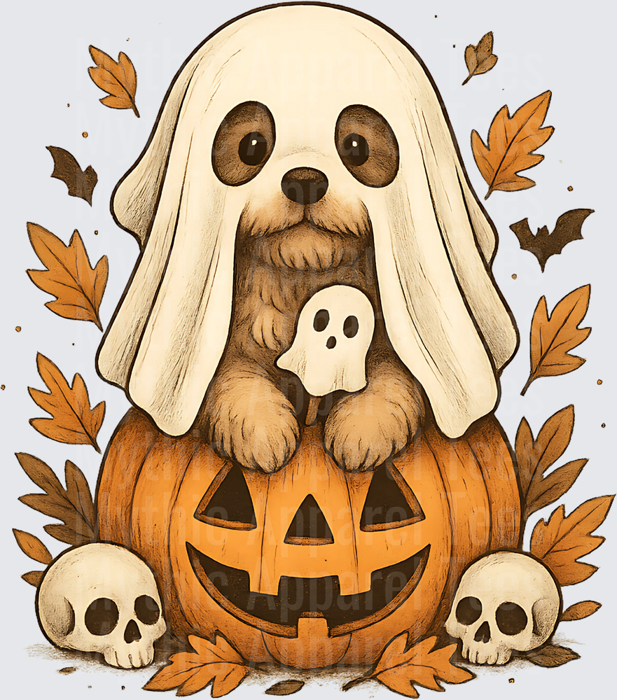 Cute Dog in Ghost Costume Sitting on Jack-O-Lantern with Skulls Autumn Leaves and Bats Halloween