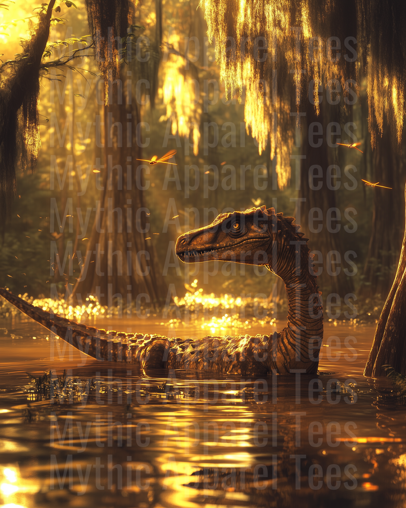 Prehistoric Raptor Emerging From Golden Swamp Waters Surrounded By Ancient Dragonflies And Glowing Cypress Forest