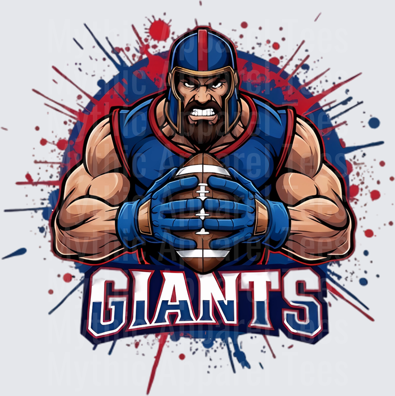 New York Giants Fierce Muscular Football Player Mascot Blue Red Paint Splatter