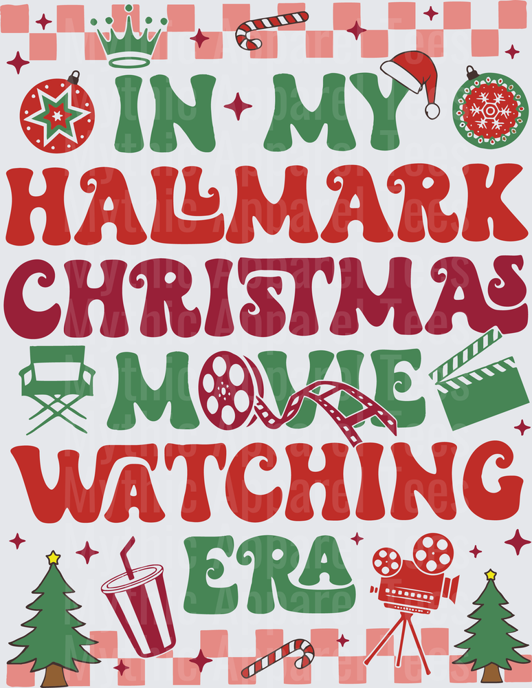 In My Hallmark Christmas Movie Watching Era Retro Typography with Holiday Icons Checkered Border