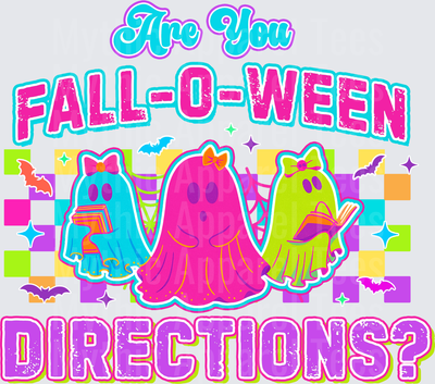 Halloween Are You Fall-O-Ween Directions Retro Neon Cute Ghost Trio with Bows Checkered Background Bats Sparkles