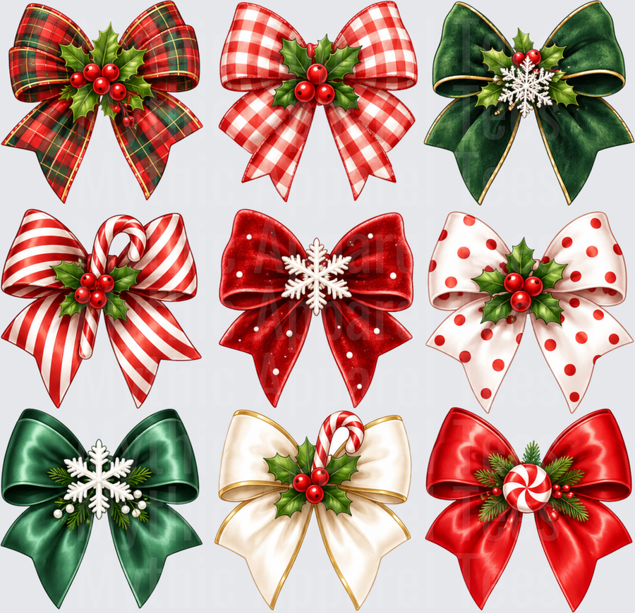Nine Christmas Holiday Bows Collection Plaid Gingham Velvet Satin Candy Cane Stripe Polka Dot Holly Berries Snowflake Bundle