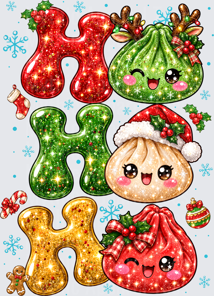Ho Ho Ho Glitter Kawaii Christmas Dumplings with Reindeer Santa Hat and Holiday Bow Festive Snowflake Design