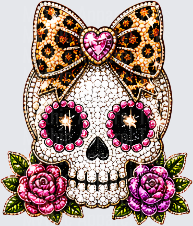 Halloween Bling Sugar Skull with Leopard Print Bow and Pink Roses Rhinestone Jewel Design