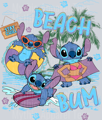 Beach Bum blue water green trees DTF Lilo and Stitch Transfers