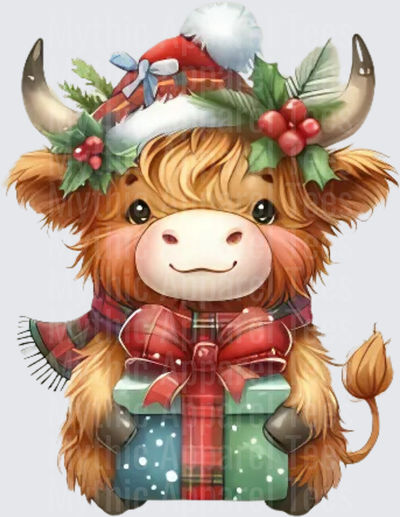 Highland Christmas Cow with Santa Hat Holly and Gift Box
