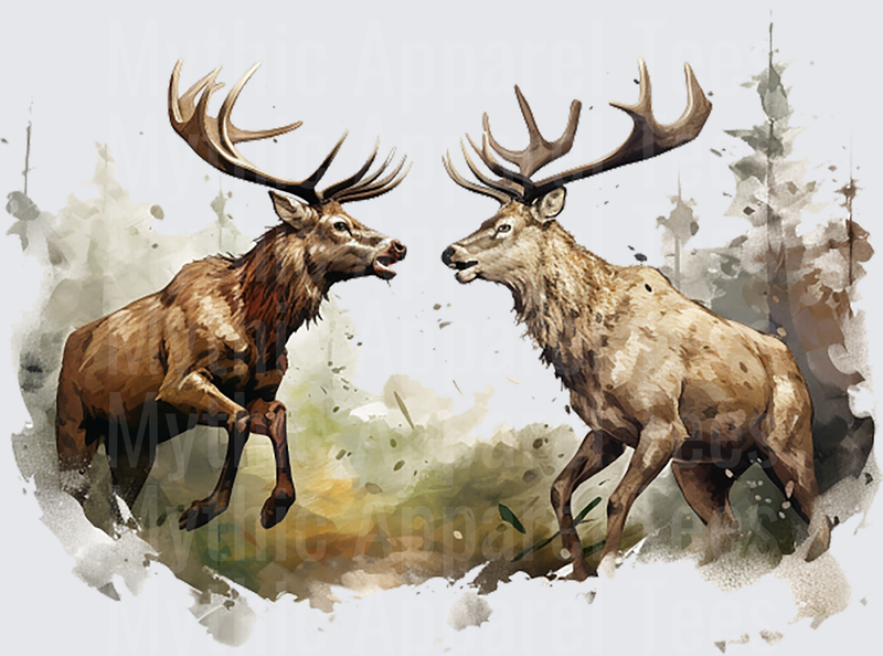Two Bull Elk Battling in Watercolor Forest Splash Wildlife Rut Fight Scene