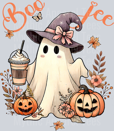 Boo Jee Ghost Drinking Coffee Coquette Bow Halloween Women T-Shirt