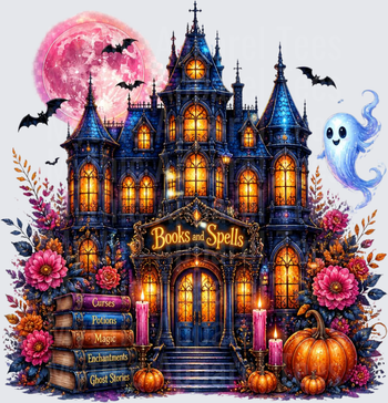 Halloween Books and Spells Gothic Haunted Mansion with Ghost