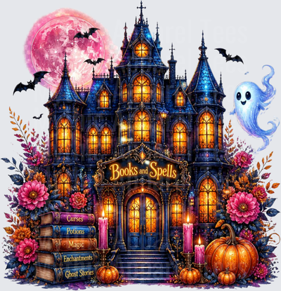 Halloween Books and Spells Gothic Haunted Mansion with Ghost