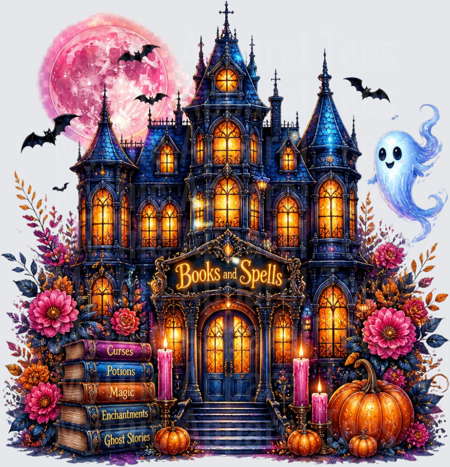 Halloween Books and Spells Gothic Haunted Mansion with Ghost