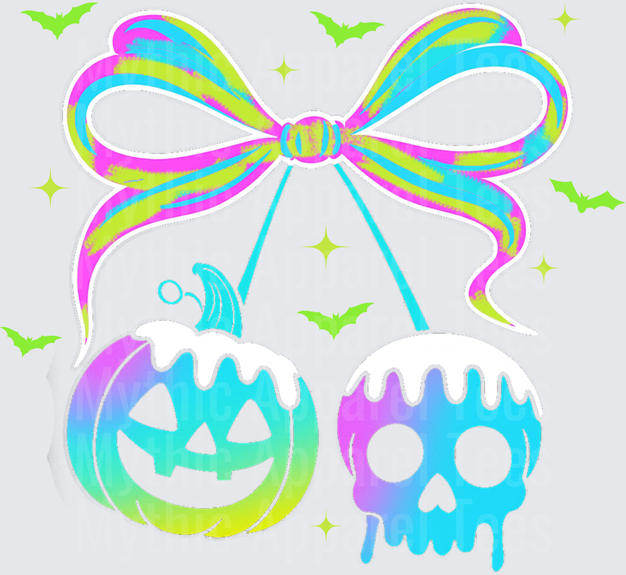 Halloween Neon Coquette Bow with Dripping Jack-o-Lantern and Melting Skull Bats Sparkles