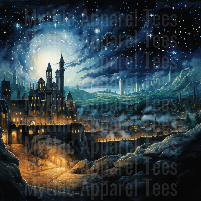 Nativity Fantasy Castle Starry Night Sky Moonlit Medieval City