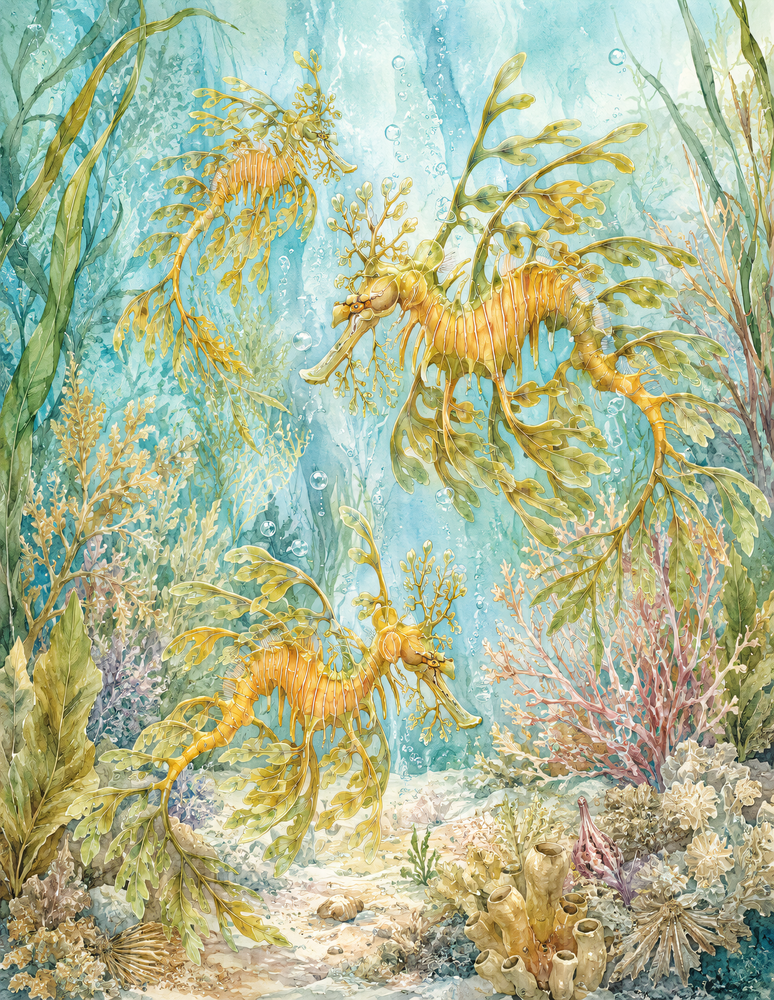 Ocean Animals Watercolor Leafy Sea Dragons Coral Reef Scene