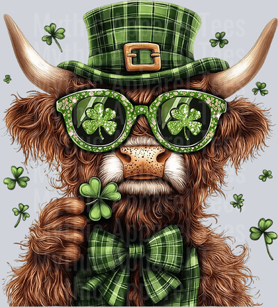 St Patrick's Day Highland Cow with green glasses and green top hat DTF Highland Cow Transfers