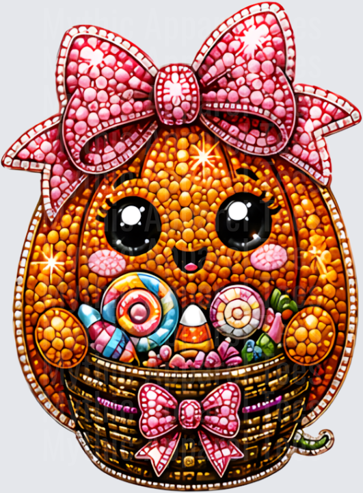 Halloween Bling Cute Kawaii Pumpkin Girl with Pink Rhinestone Bow and Candy Basket Diamond Art Style Design