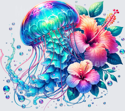 Ocean Animals Iridescent Jellyfish with Tropical Hibiscus Blooms