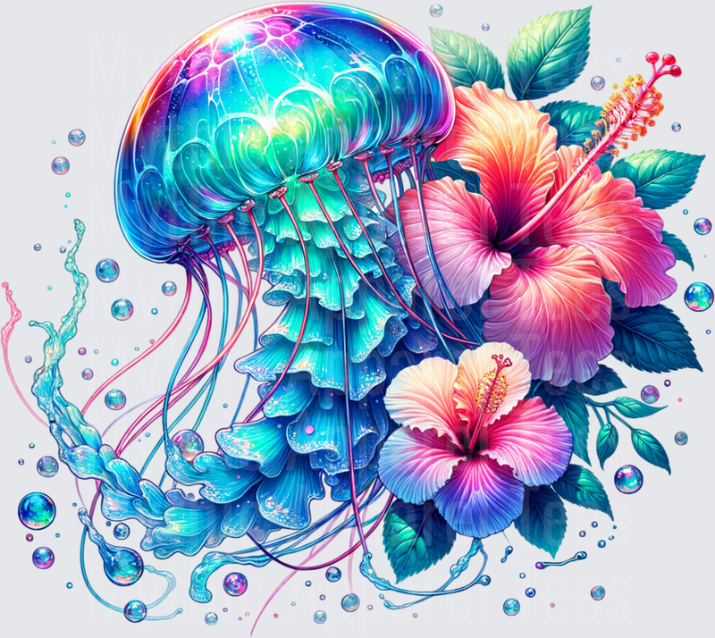 Ocean Animals Iridescent Jellyfish with Tropical Hibiscus Blooms