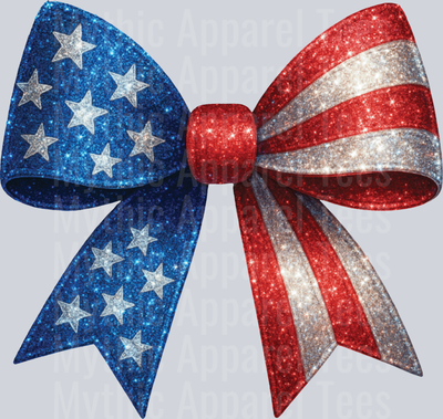 Glitter style bow with Blue and Red Stripes DTF Patriotic Transfers