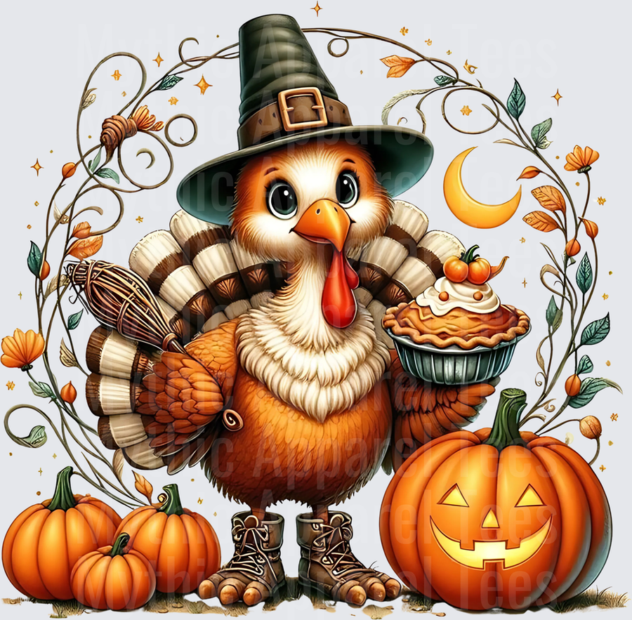 Cute Thanksgiving Turkey Wearing Pilgrim Witch Hat Holding Pumpkin Pie With Jack-O-Lantern and Fall Vines