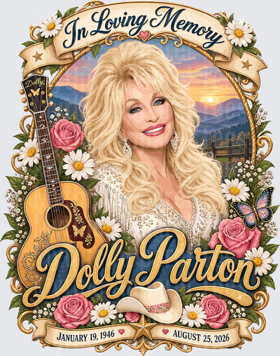 Dolly Parton In Loving Memory Tribute Floral Portrait with Guitar Roses Daisies and Cowboy Hat Memorial Design